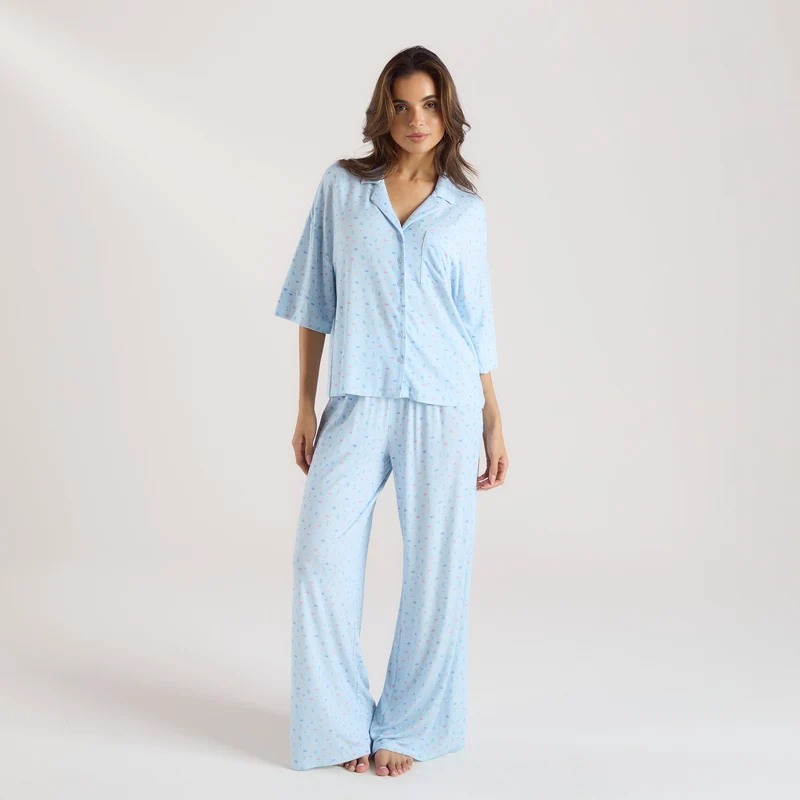 Chemise de Pyjama à Manches Courtes en Modal - Bleu Floral