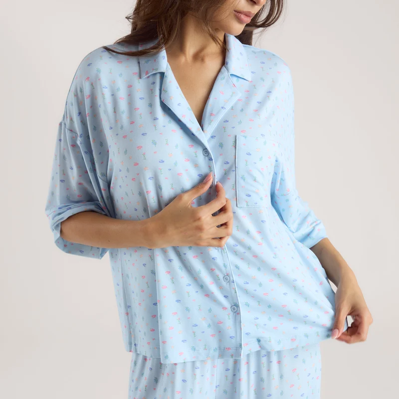 Chemise de Pyjama à Manches Courtes en Modal - Bleu Floral