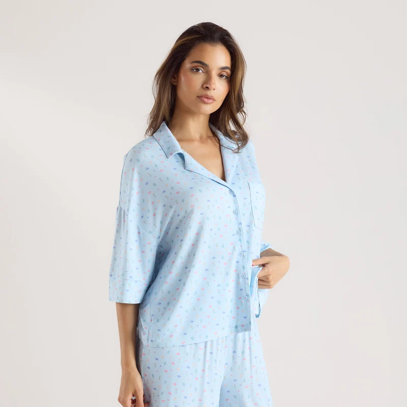 Chemise de Pyjama à Manches Courtes en Modal - Bleu Floral