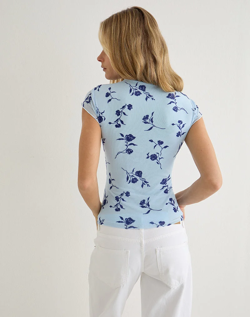 Haut « Keyhole » Jiwon, bleu clair à motif de feuilles fines