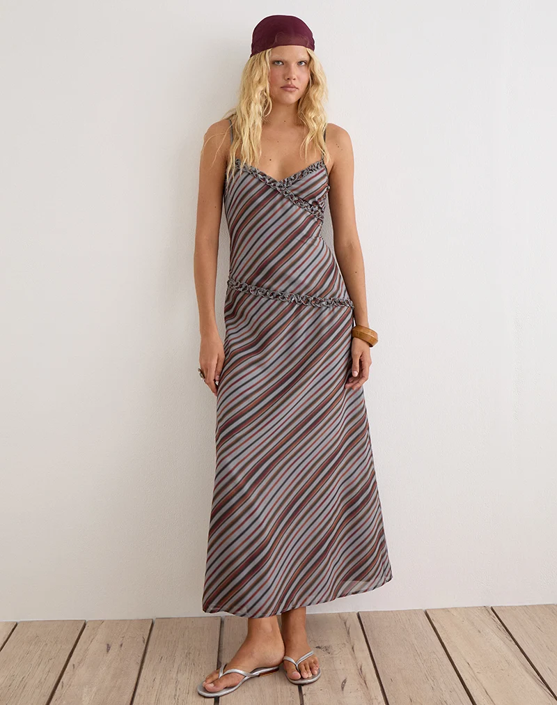 Robe longue Angie en mousseline à rayures diagonales grises et bordeaux