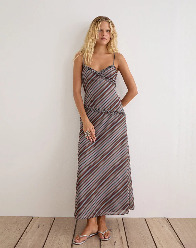 Robe longue Angie en mousseline à rayures diagonales grises et bordeaux
