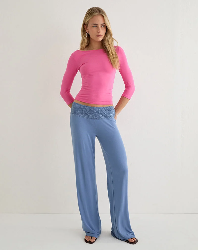 Pantalon Jia en cupro bleu poudré avec bordure en dentelle