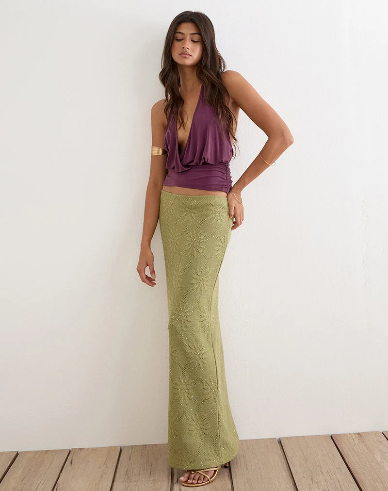 Jupe longue Aloria en maille à paillettes verte