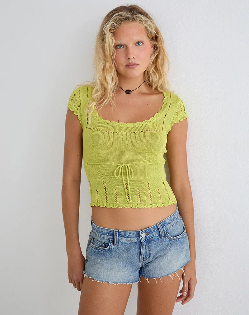 Haut Domas à nouer, en maille couleur citronnelle