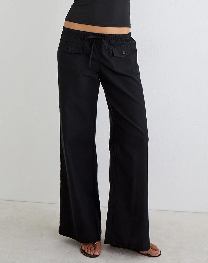 Pantalon large Yua en lin noir