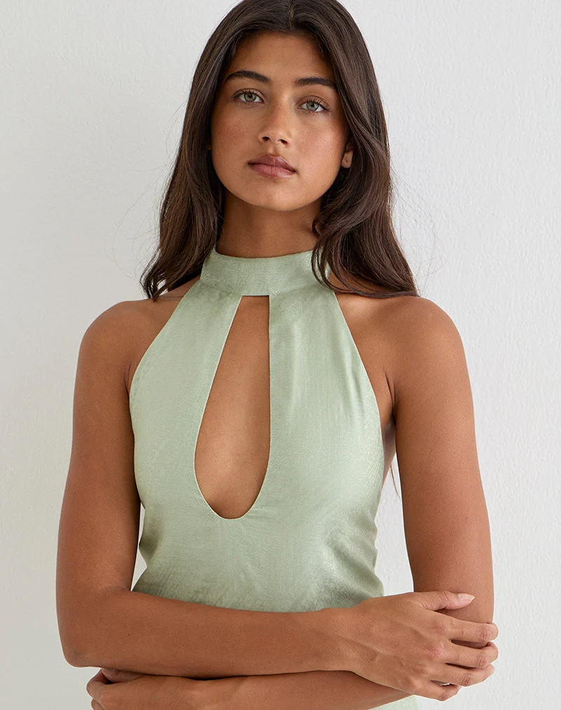 Haut à col licou Memayu en mousseline chatoyante couleur olive