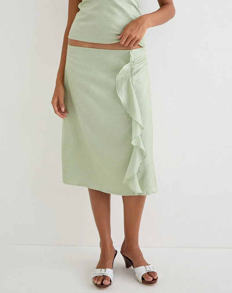 Jupe mi-longue Aksaya en mousseline chatoyante couleur olive