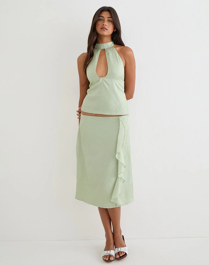 Jupe mi-longue Aksaya en mousseline chatoyante couleur olive