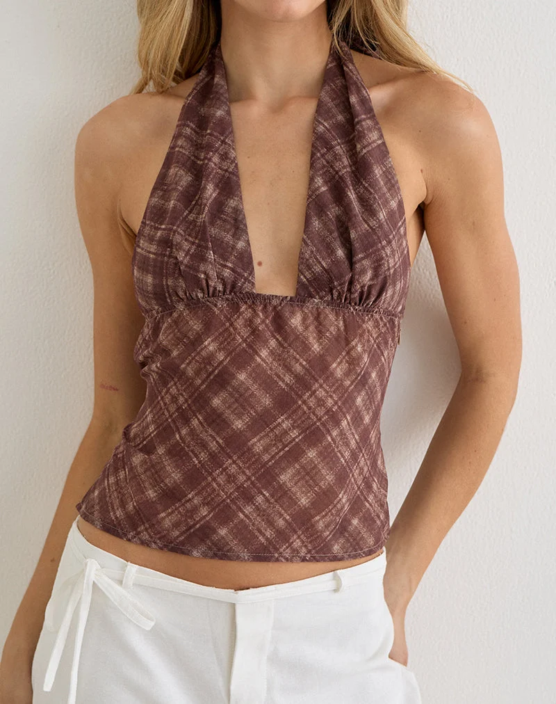 Haut à col bénitier Kaluli, motif « Stone Check » marron
