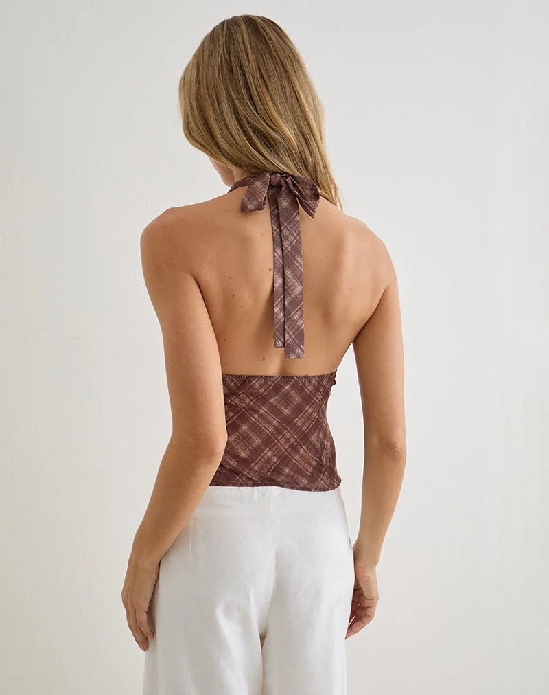 Haut à col bénitier Kaluli, motif « Stone Check » marron