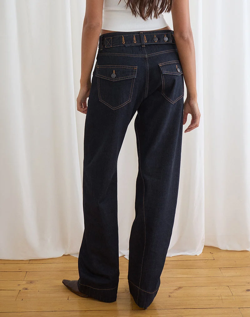 Jean taille basse à coutures torsadées et taille ajustée, couleur indigo