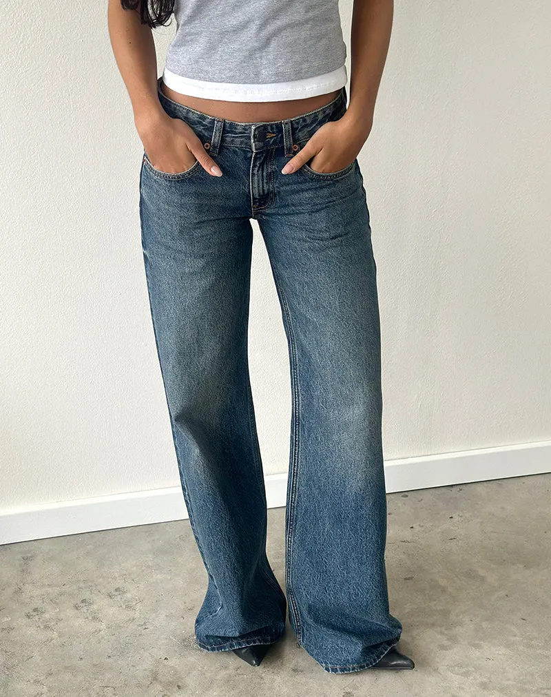 Jean évasé ample à taille basse, bleu acier