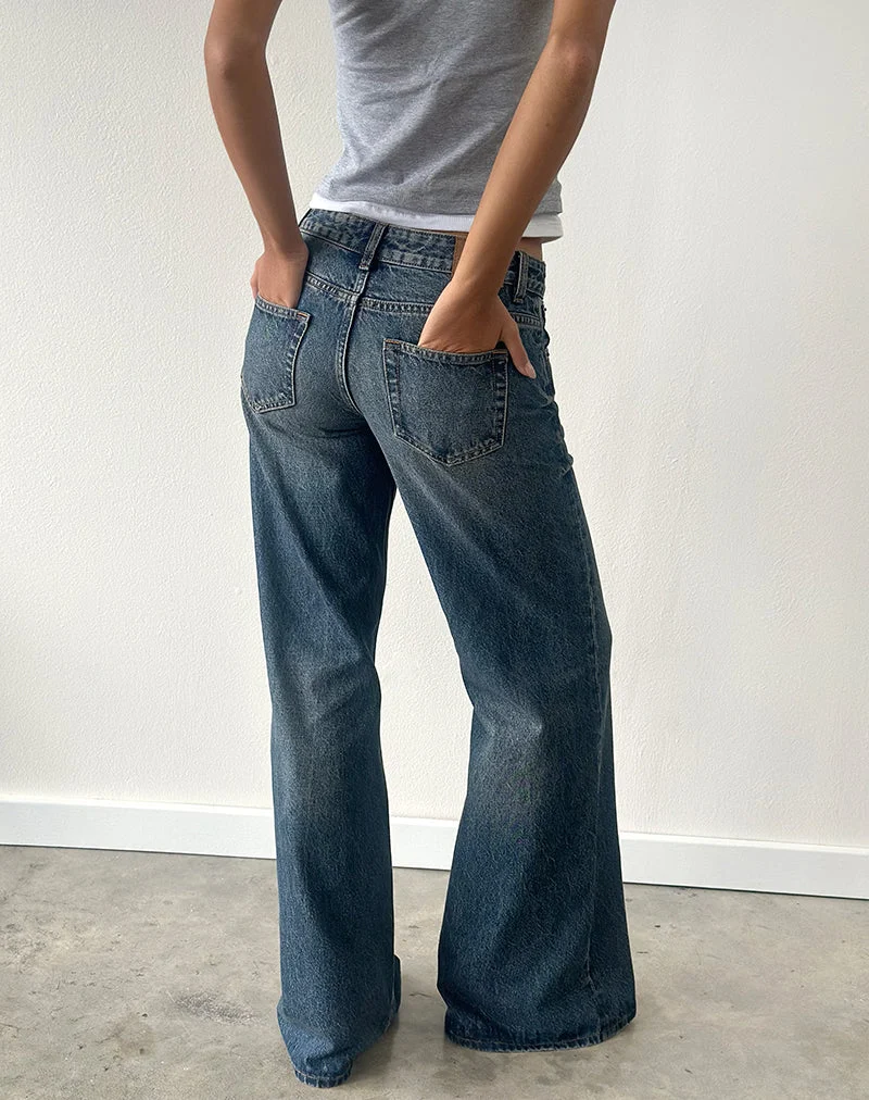 Jean évasé ample à taille basse, bleu acier