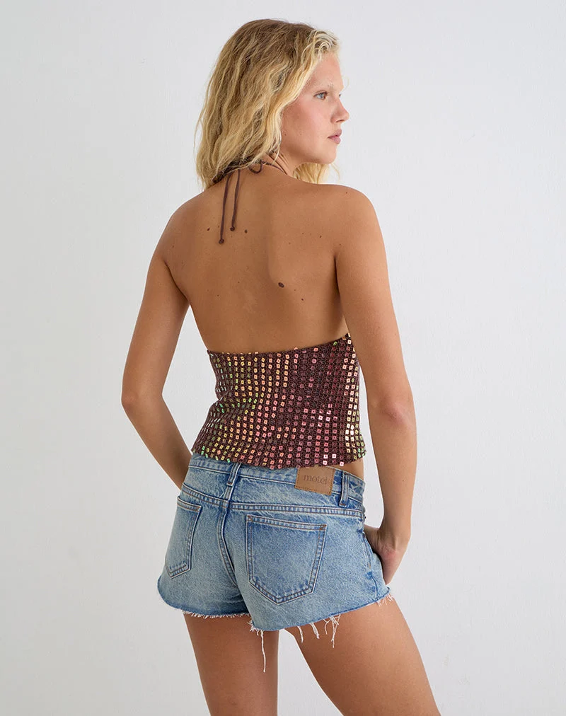 Haut à col licou Kelabu en maille à paillettes, marron foncé