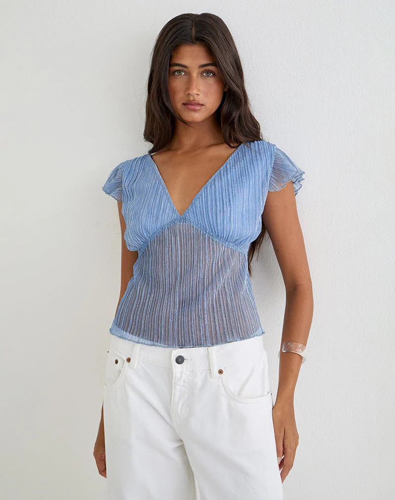 Haut Pharita à col en V, bleu plissé