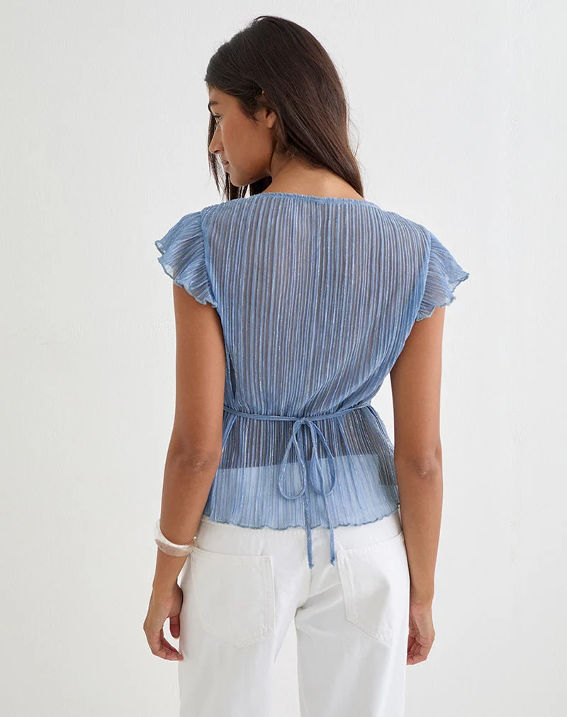 Haut Pharita à col en V, bleu plissé