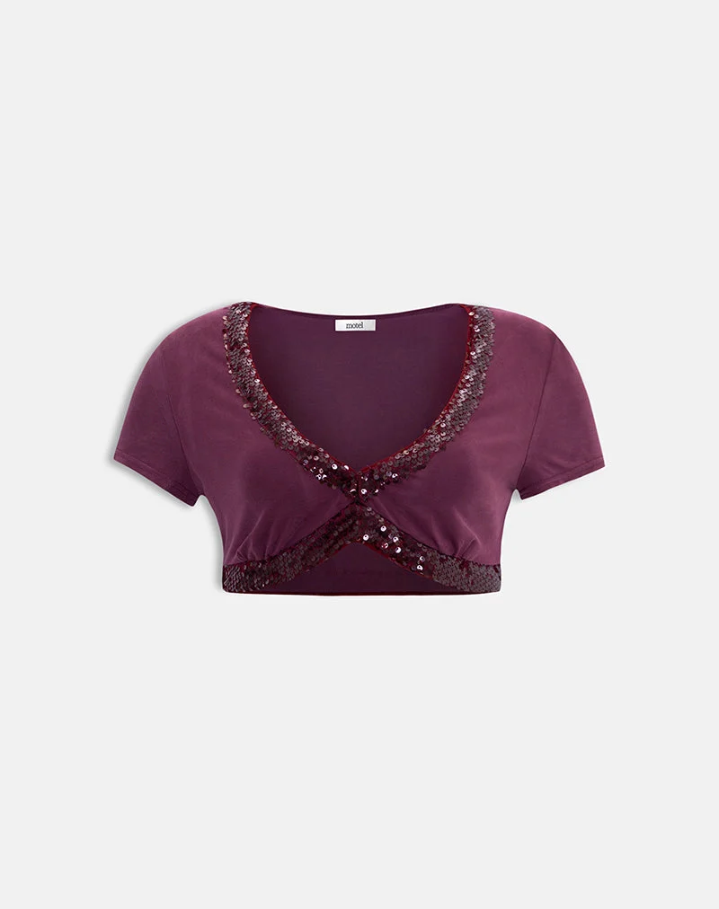 Top boléro Nako en cupro violet foncé avec bordure à paillettes