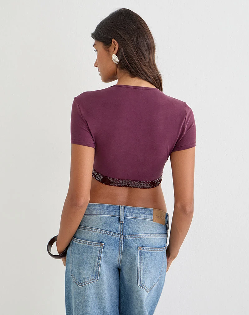 Top boléro Nako en cupro violet foncé avec bordure à paillettes