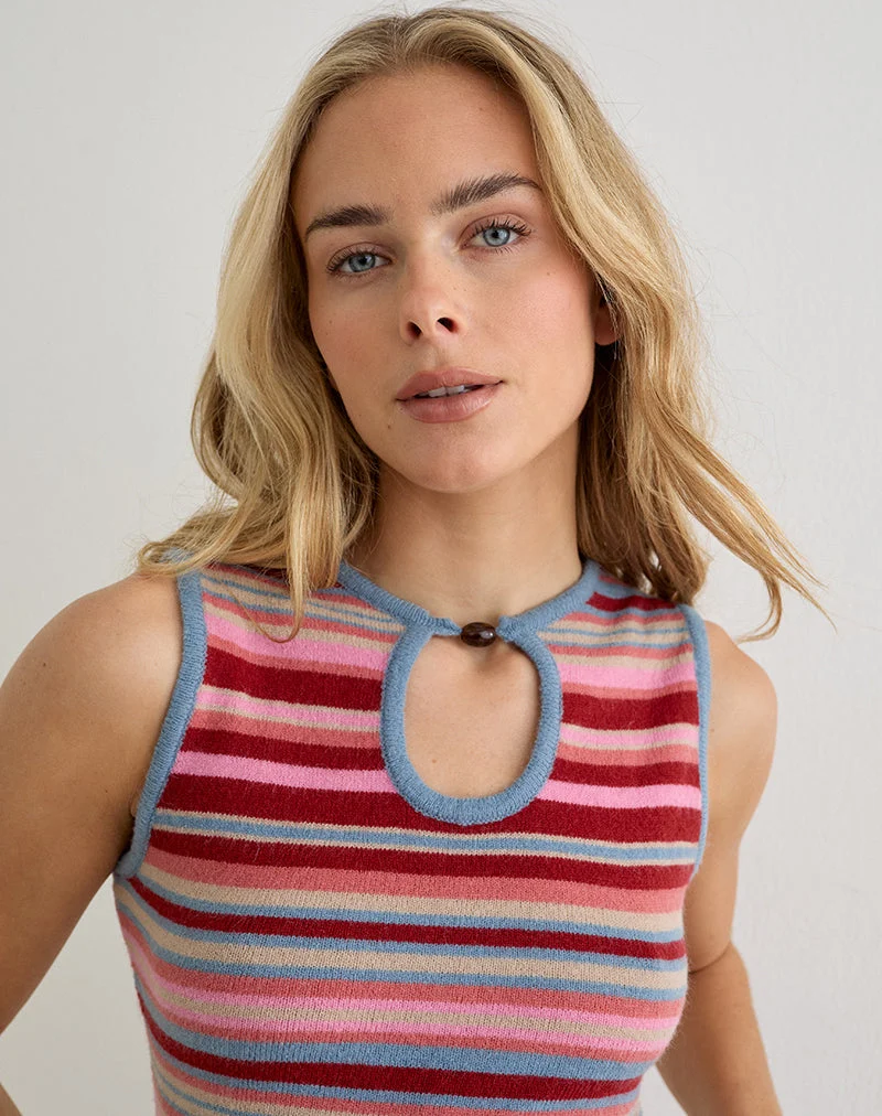 Haut Reita à encolure en trou de serrure avec perle, en maille rayée multicolore