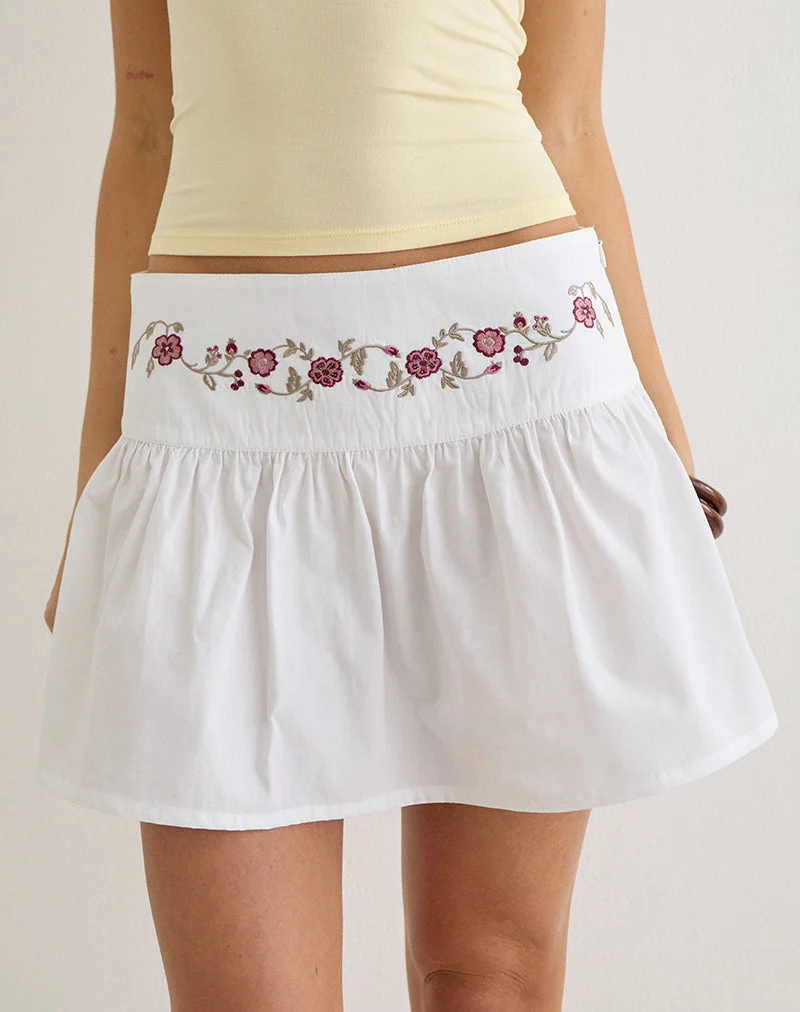 Mini-jupe Becita en popeline blanche avec broderie de fleurs de cerisier