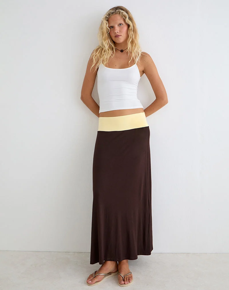 Jupe Olie Maxi en jersey de rayonne, couleur chocolat amer et jaune citron