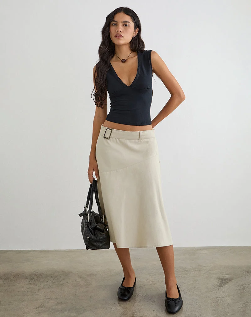 Jupe midi Cabot avec ceinture, en sergé de coton couleur « Latte »