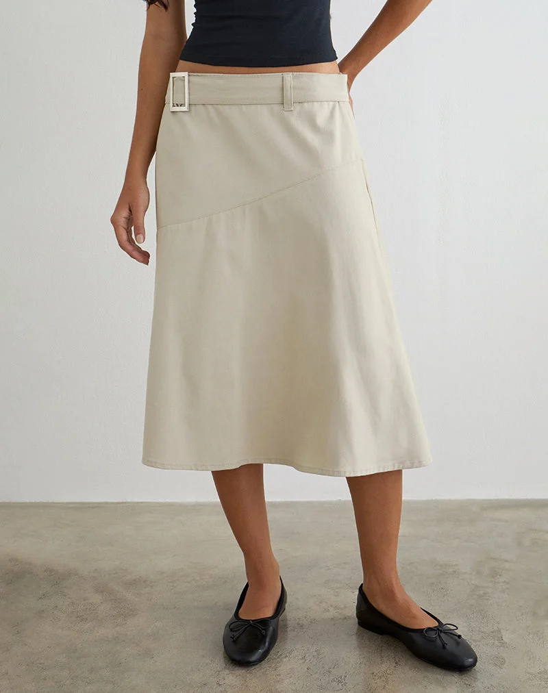 Jupe midi Cabot avec ceinture, en sergé de coton couleur « Latte »