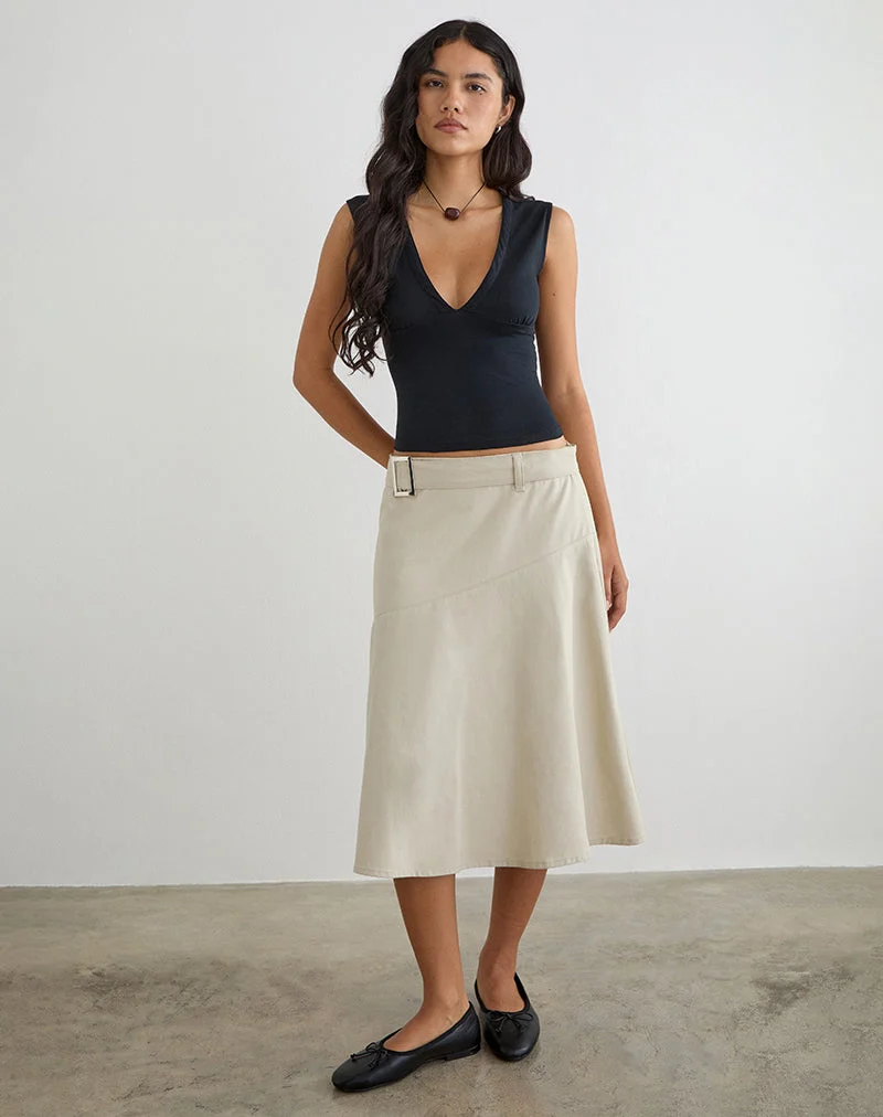 Jupe midi Cabot avec ceinture, en sergé de coton couleur « Latte »