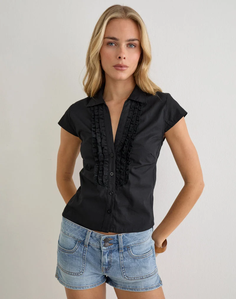 Blouse Estu avec volant au centre sur le devant, en popeline noire