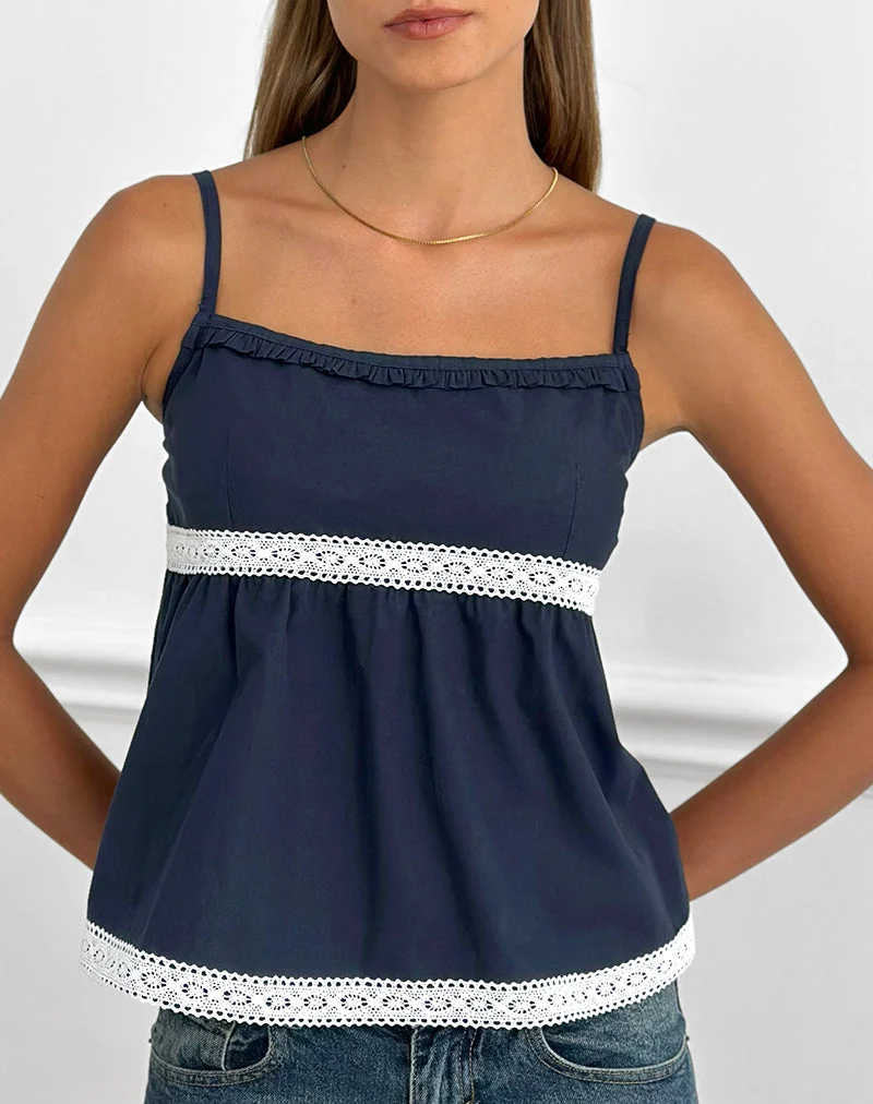 Haut Evren Cami bleu marine foncé avec bordure en dentelle