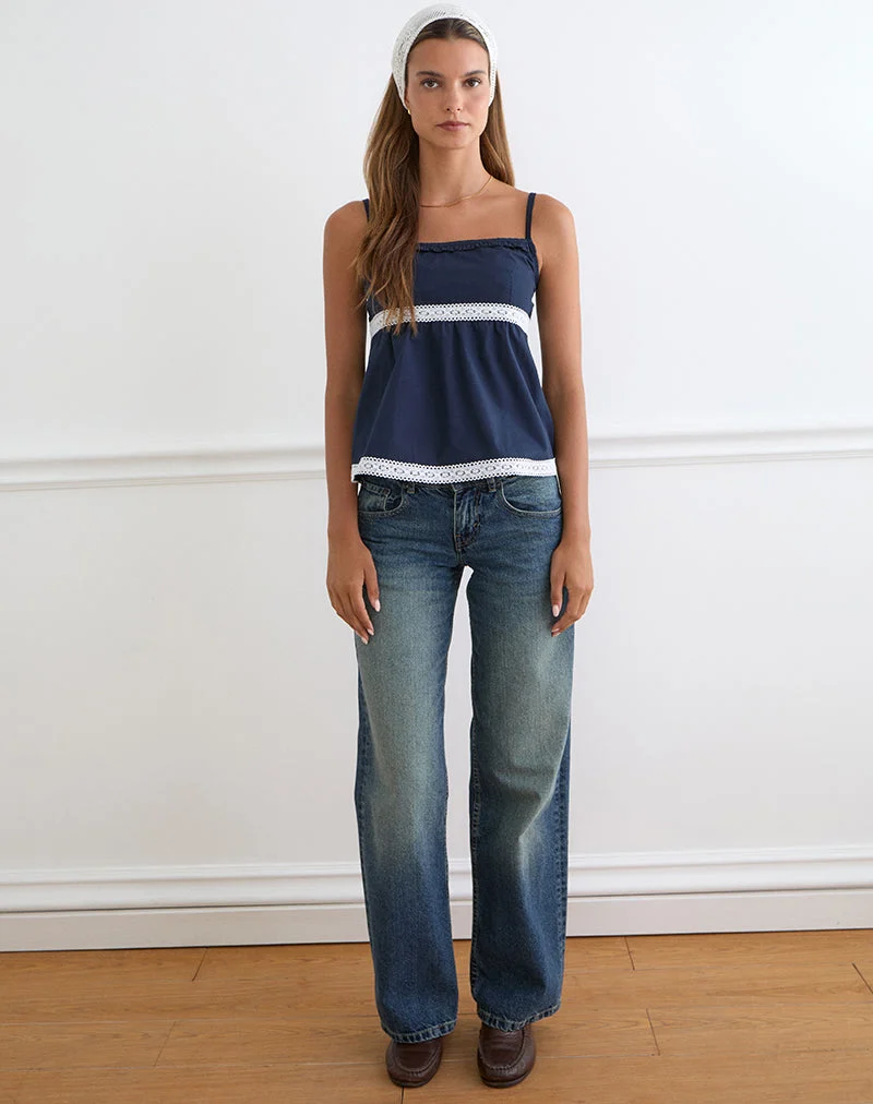 Haut Evren Cami bleu marine foncé avec bordure en dentelle
