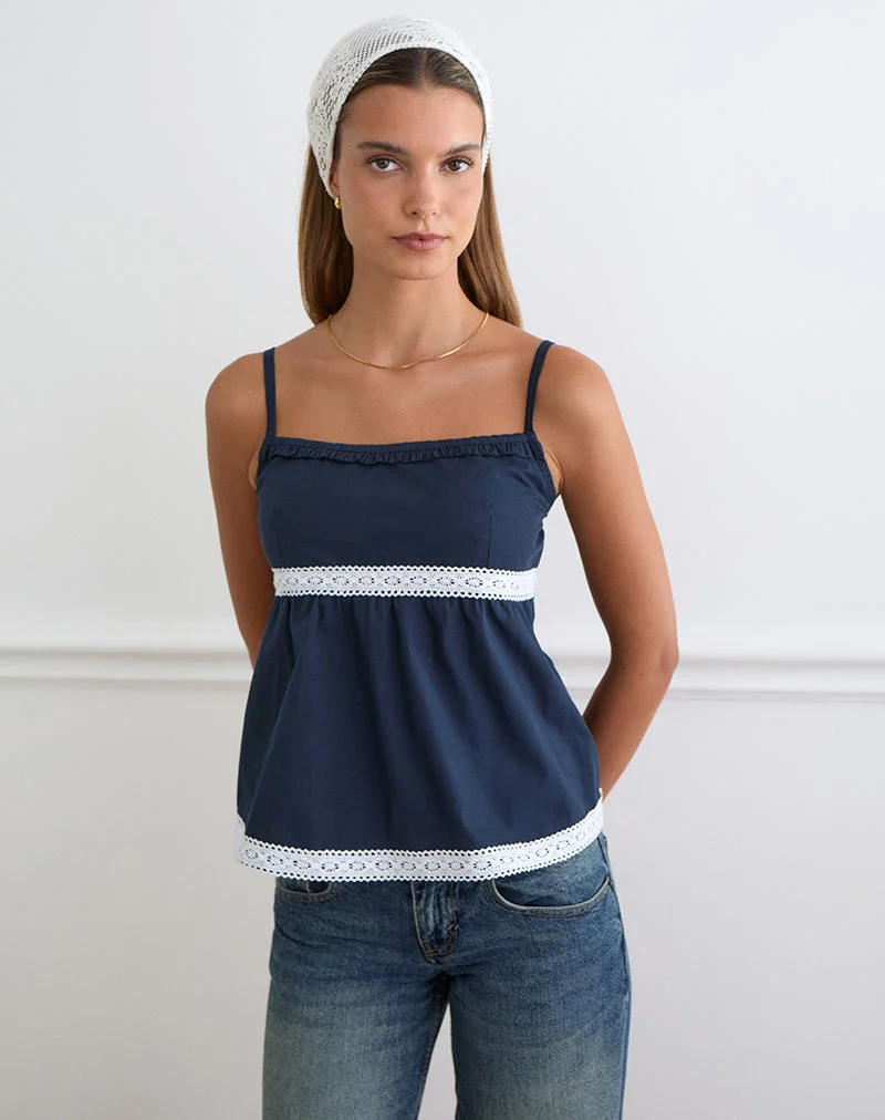 Haut Evren Cami bleu marine foncé avec bordure en dentelle