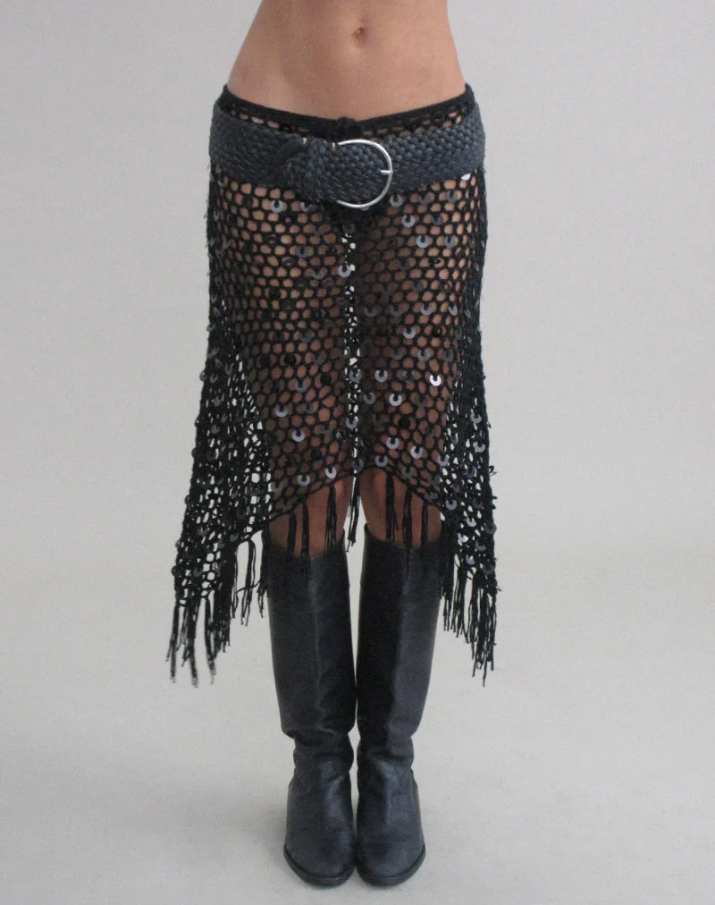 Jupe midi Maritza en maille crochetée noire