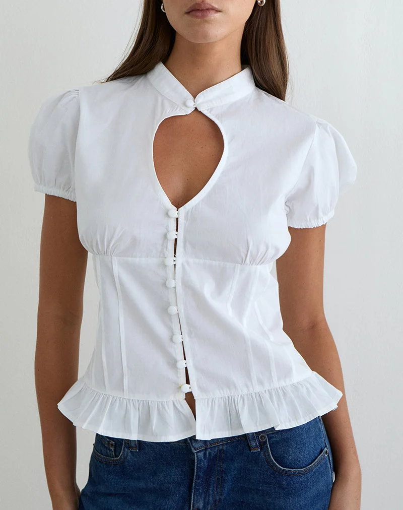 Blouse à manches bouffantes et encolure en Yamila, couleur blanche