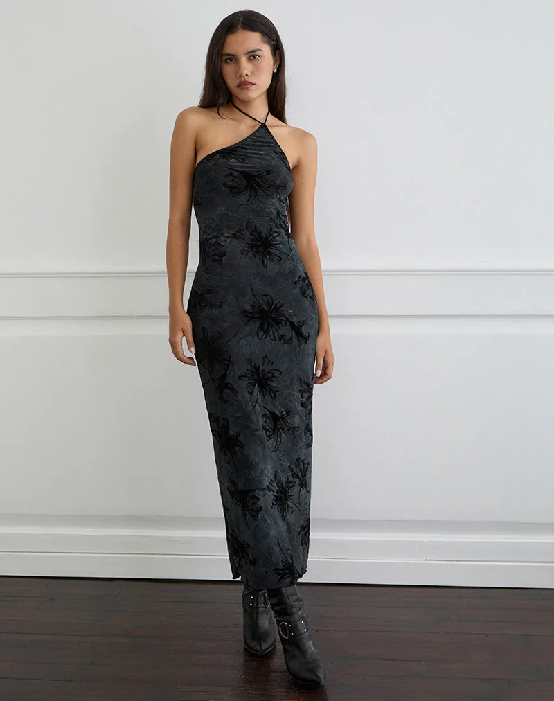 Robe longue Rikaya en velours gris brûlé