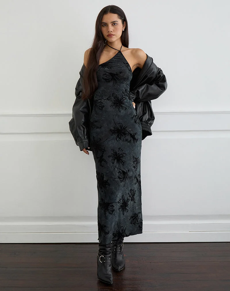 Robe longue Rikaya en velours gris brûlé