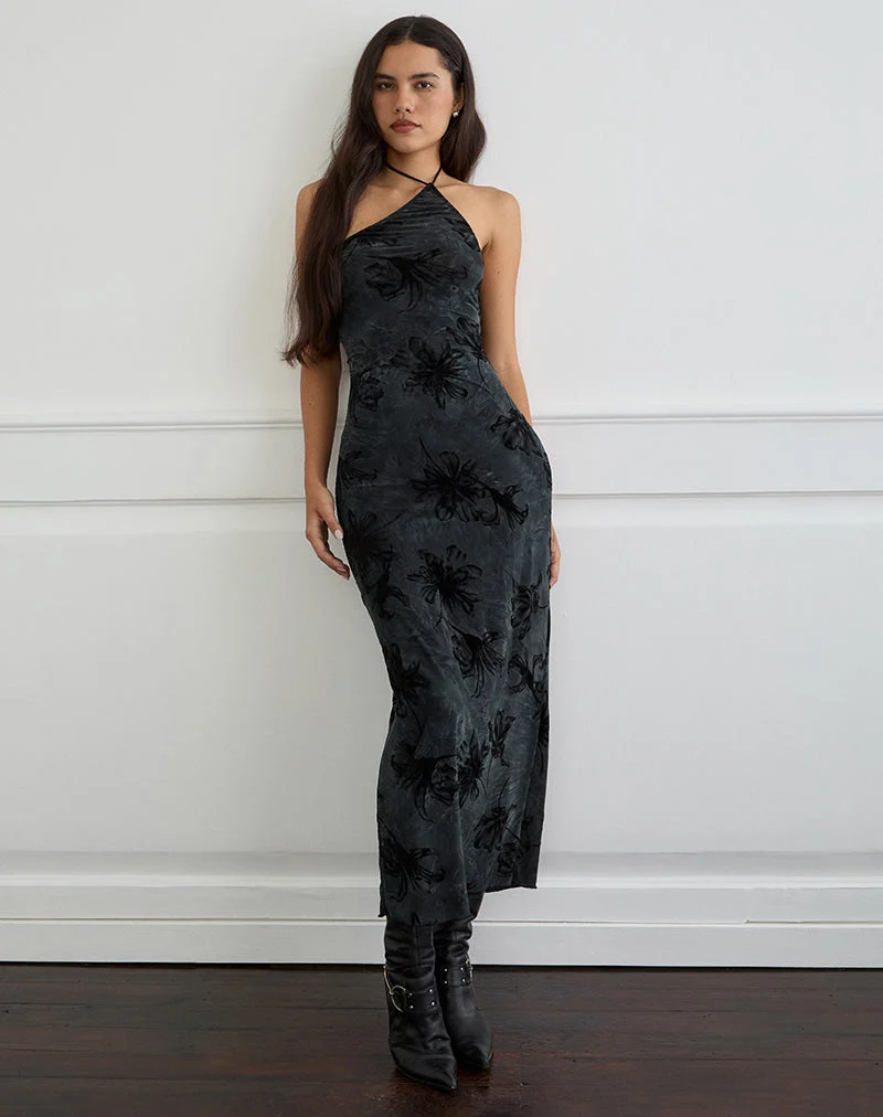 Robe longue Rikaya en velours gris brûlé