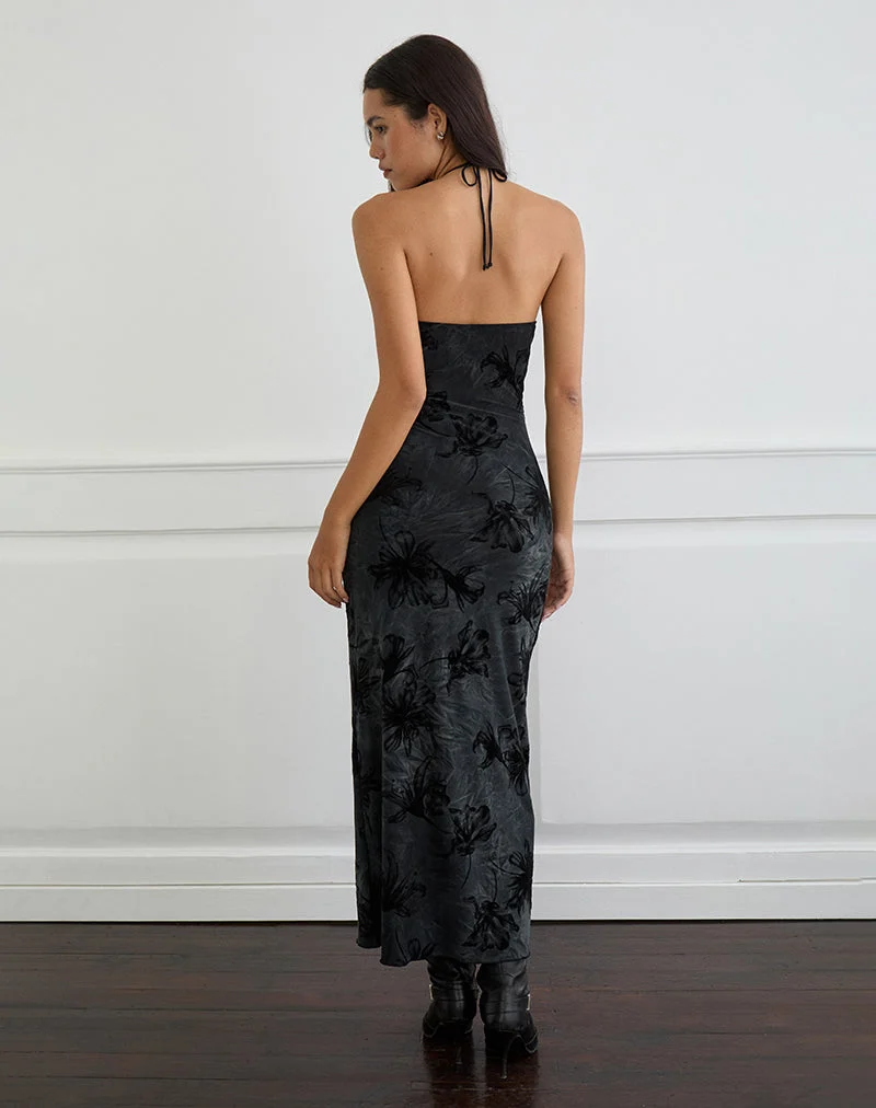 Robe longue Rikaya en velours gris brûlé