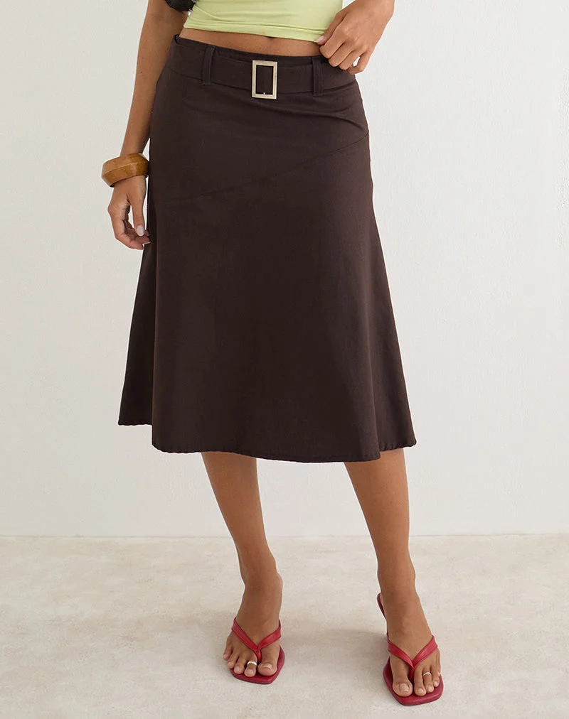 Jupe midi Cabot avec ceinture, en sergé de coton, couleur chocolat amer