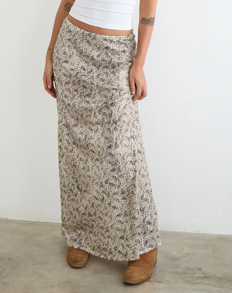 Jupe longue Vanessa à motif paisley et paillettes dorées