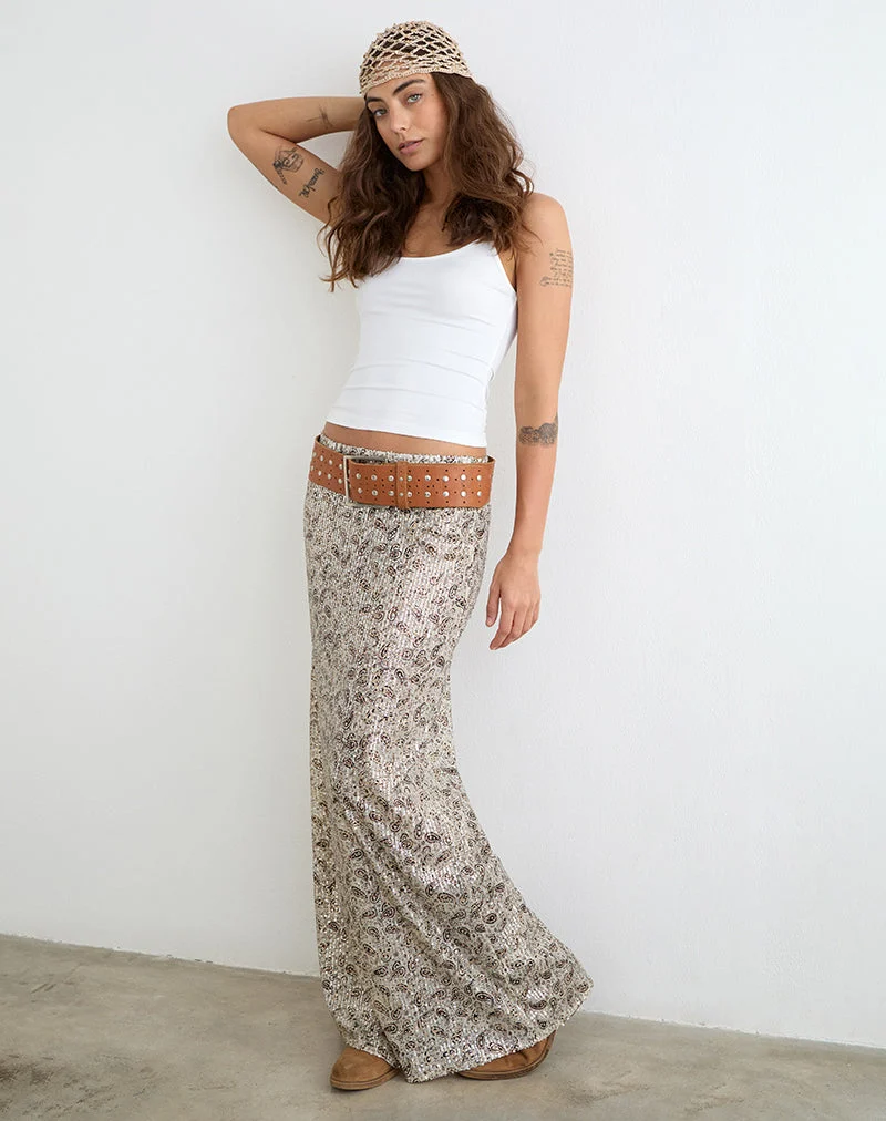 Jupe longue Vanessa à motif paisley et paillettes dorées