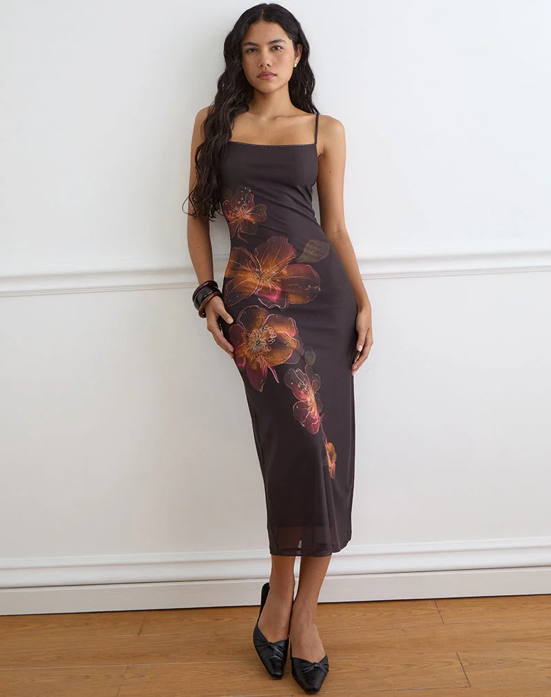Robe midi Nori marron avec imprimé lotus orange vif