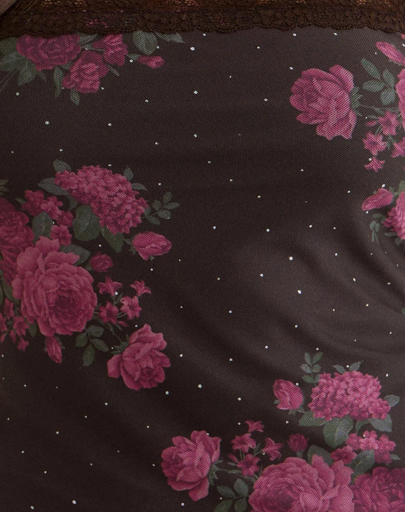 Haut Anoda Cami marron à pois roses et imprimé roses