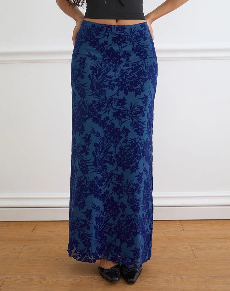 Jupe longue Alfreda, motif « Midnight Leaf Flock » sur fond bleu marine