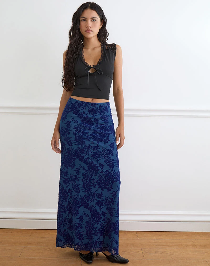 Jupe longue Alfreda, motif « Midnight Leaf Flock » sur fond bleu marine