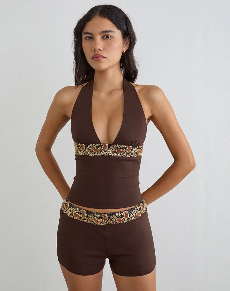 Mini-short Belvani marron avec bordure brodée de paillettes
