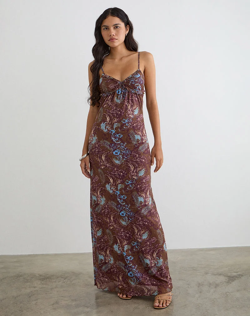 Robe longue Alnaka, motif paisley « Feathery » marron