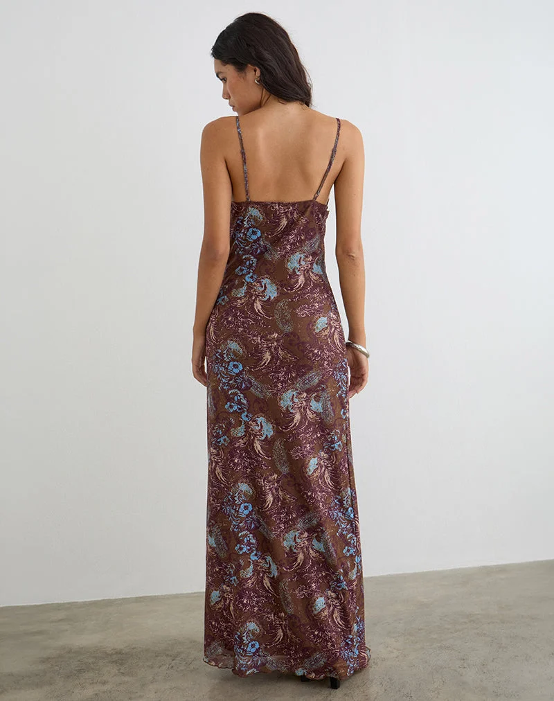 Robe longue Alnaka, motif paisley « Feathery » marron
