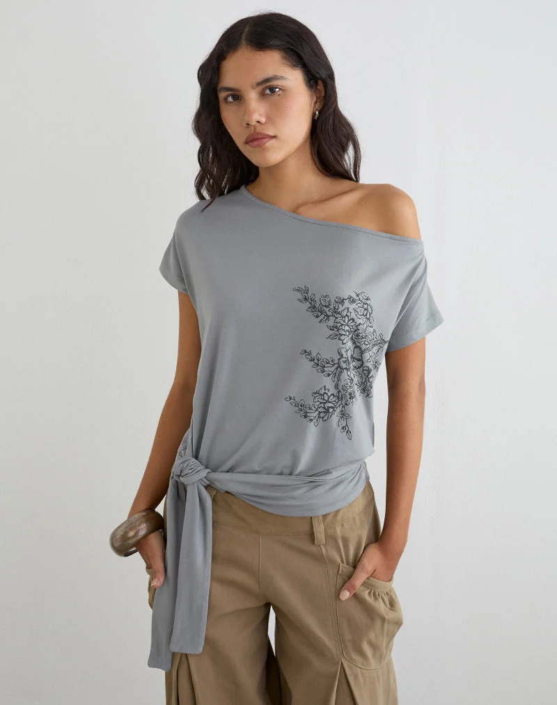 Haut « Lola » à nouer à la taille, motif floral artistique gris